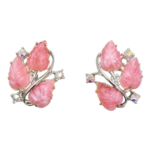 Vintage Rhodium Plated Pink Tutti Frutti Leaf With Aurora Borealis Clip Earrings- 2 Pieces