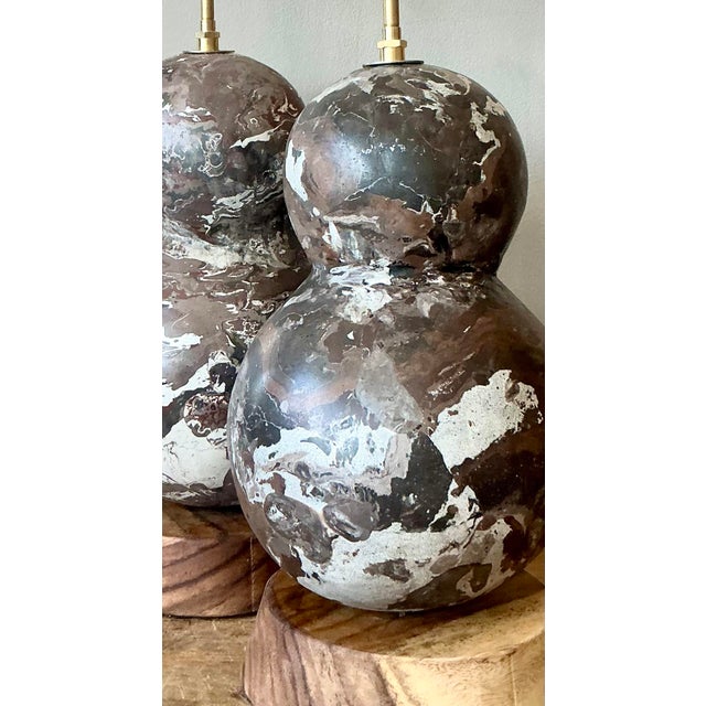 Contemporary Vintage Boho Artisanal Scagliola Pigmented Plaster Gourd Lamps - A Pair For Sale - Image 3 of 7