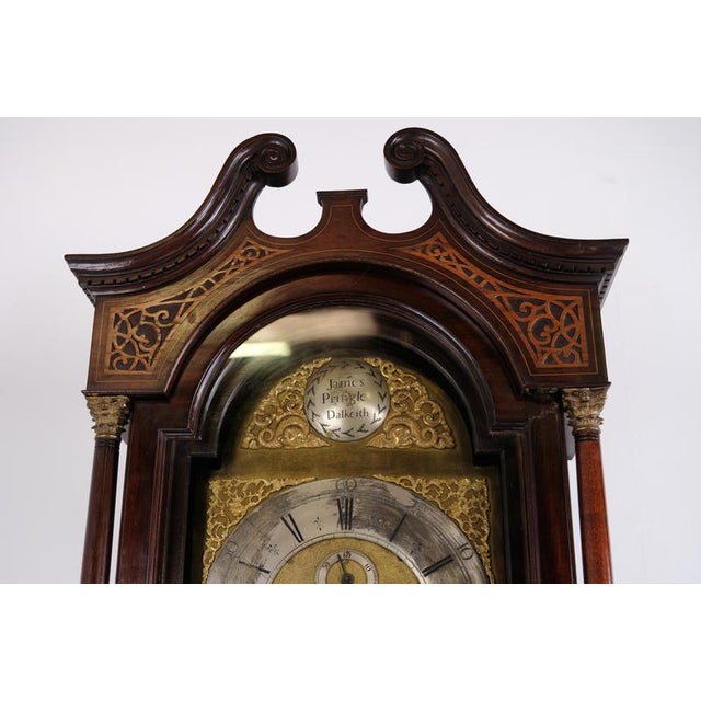 English Mahogany Longcase Clock with Marquetry and Brass Dial, 1880s For Sale - Image 4 of 13