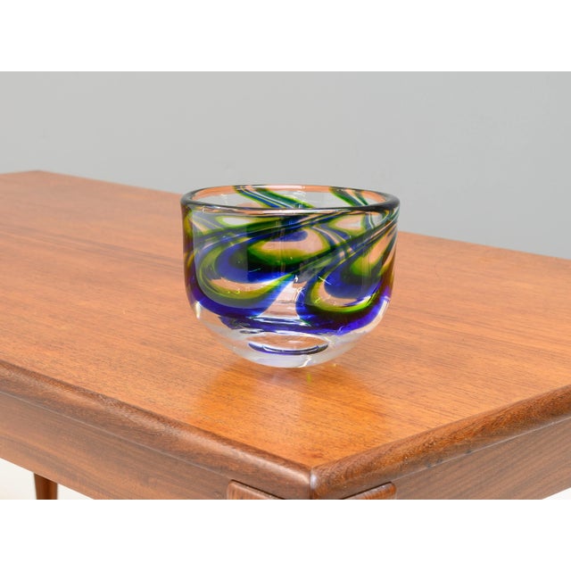 Mid-century Swedish glass vase with blue and green decoration. Circa 1960.