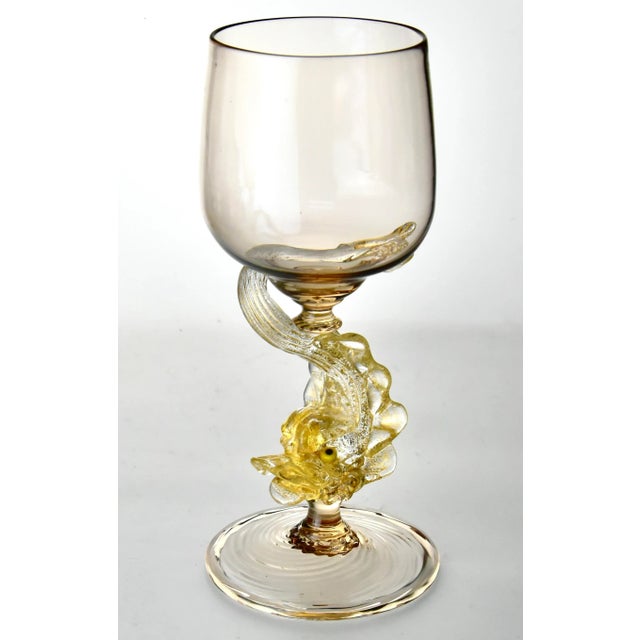 Glass Vintage Mid 20th Century Hand Blown Venetian Dolphin Goblets- Set of 7 For Sale - Image 7 of 12