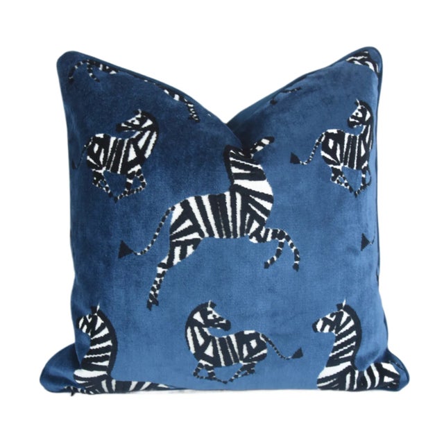 Designer Blue & Black/White Zebras Velvet Feather/Down Pillow 22" Square For Sale In Los Angeles - Image 6 of 6