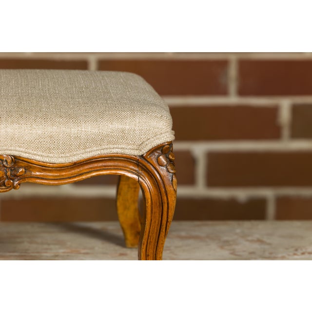 19th Century French Louis XV Style Walnut Footstool with Custom Linen Upholstery For Sale - Image 12 of 12