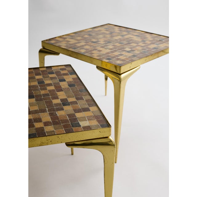 Vintage Mosaic Glass Top Side Tables With Brass Legs — Pair For Sale - Image 4 of 5