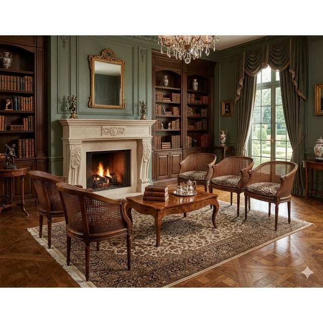 Late 20th Century Louis XVI Carved Oak & Cane Barrel-Back Armchairs With Leopard Upholstery-Set of 6 For Sale - Image 5 of 13