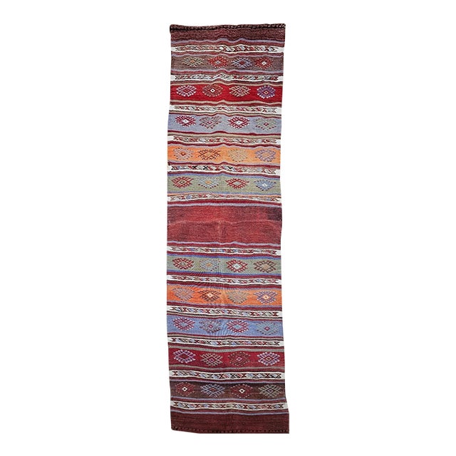 Vintage Moroccan Tribal Kilim Runner, Flat-Woven Wool, Geometric Stripe Pattern, 2x8 For Sale