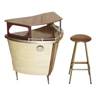 Italian Home Cocktail Boat Bar and Stool from Umberto Mascagni Bologna, 1950s, Set of 2 For Sale