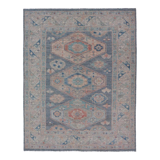 Modern Oushak With Three Large Medallion Design on a Blue-Gray Field For Sale
