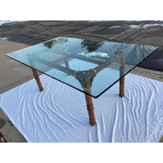 Drexel Heritage Asian Influenced Glass Dining Table in Faux Bamboo Having Bronze Fretwork For Sale - Image 4 of 12
