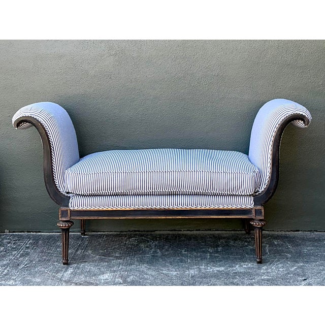 Late 20th Century Vintage Ticking Stripe Scroll Bench For Sale - Image 5 of 12