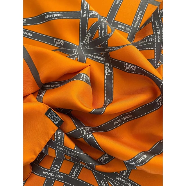 Modern Framed Hermès Silk Scarf "Ruban Bolduc" 1983 - Orange Gold Frame For Sale - Image 3 of 5