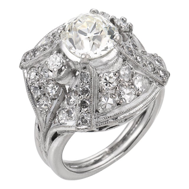 Mid Century Gia 1.80 Carat Diamond 14k White Gold Cocktail Ring, Size 5.25 For Sale