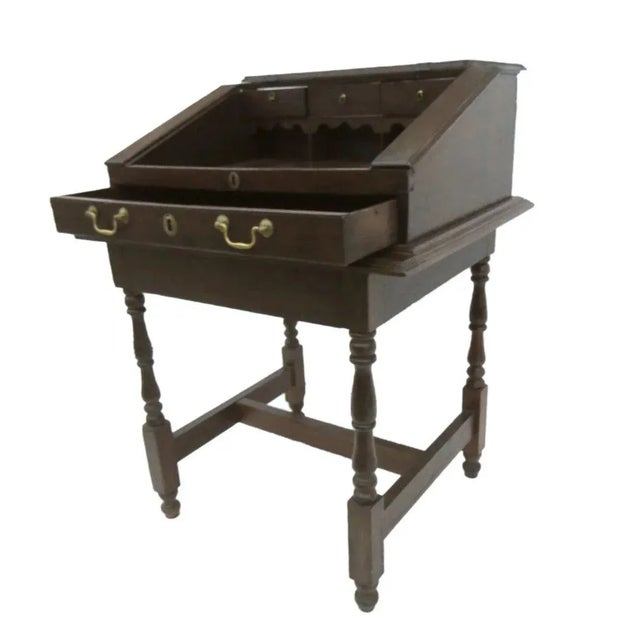 English Oak Slant Front Desk With One Drawer and Two Side Secret Drawers. For Sale - Image 4 of 10