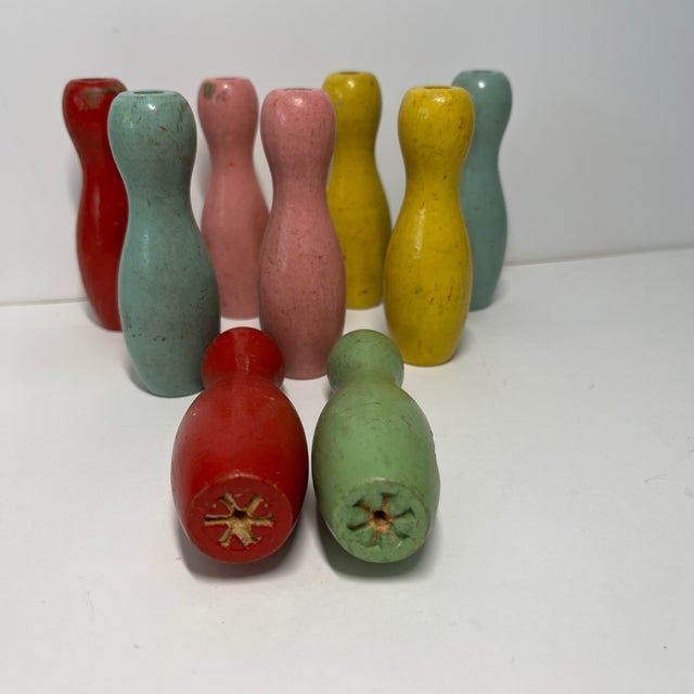 Pink Vintage Tabletop Bowling Pins Set/9 For Sale - Image 8 of 8