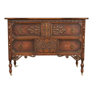 Berkey & Gay Style Antique English Jacobean Carved Walnut Dresser, Circa 1920s For Sale