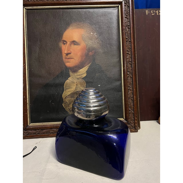 Metal 1970s French Blue Biomorphic Glass Bottle With Silver Top For Sale - Image 7 of 8