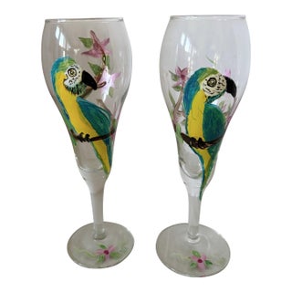 Vintage Hand-Painted Tropical Parrot & Floral Champagne Flutes - Pair For Sale