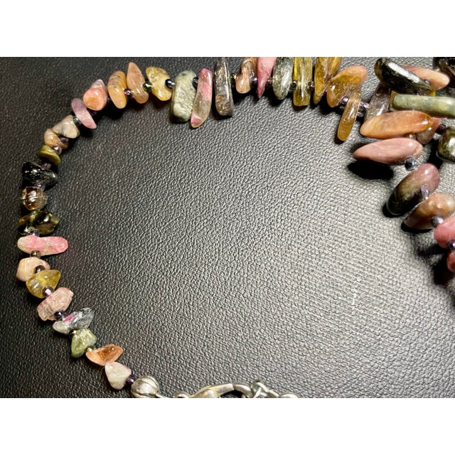 Gemstone Necklace Rainbow Tourmaline Graduated Stick Necklace Sterling Silver Clasp For Sale - Image 4 of 6