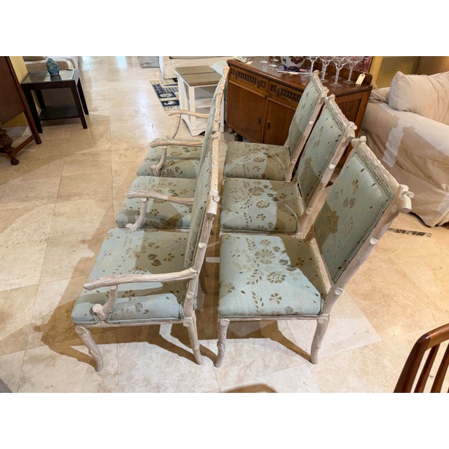 Textile Late 20th Century Italian Regency Carved Faux Bois Cerused Dining Chairs - Set of 6 For Sale - Image 7 of 9