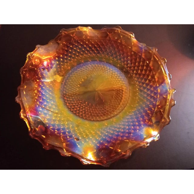 Contemporary Vintage Indiana Iridescent Marigold Carnival Glass Crimped Platter For Sale - Image 3 of 8