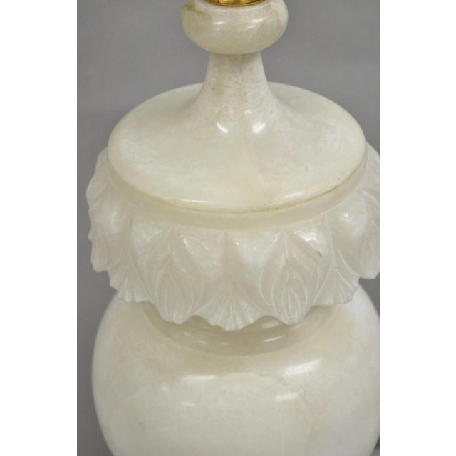 Early 20th Century Neoclassical Large Carved Solid Alabaster Marble Leaf Bulbous Table Lamps Pair For Sale - Image 11 of 12