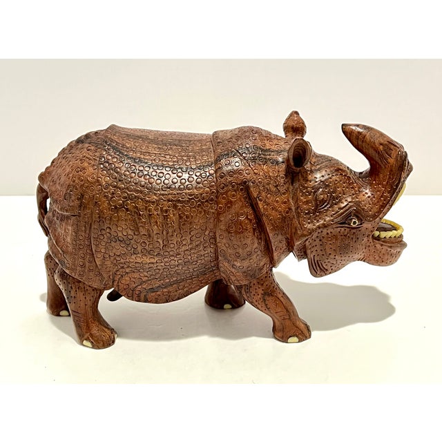 1970s Set of 3 Hand-Carved Solid Wood Rhinoceros Sculptures, Textured Hide, Inlaid Teeth and Toenails For Sale - Image 13 of 18