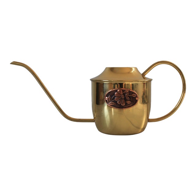 Vintage Brass Watering Can W/ Copper Floral Motif For Sale