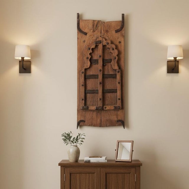 Farmhouse Antique Rustic Country Style Teak Wood Arched Natural Distressed Window Shutter For Sale - Image 3 of 3