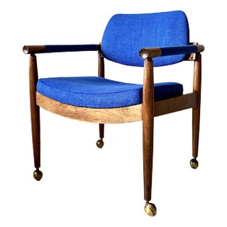 Midcentury Modern Upholstered Wood Armchair on Castors For Sale