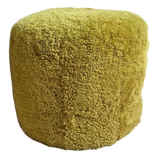 Eclectic Honey Lime Shearling Wool Pouf For Sale