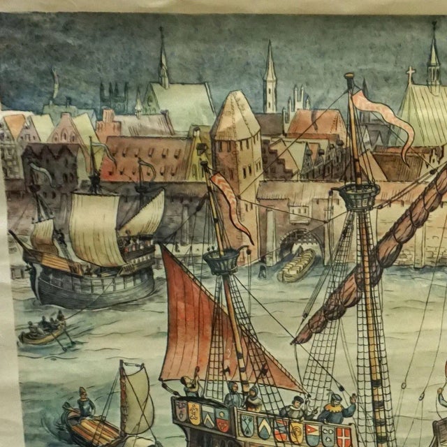The maritime look vintage pull-down wall chart shows the historical picture of a port of an ancient trading city,...