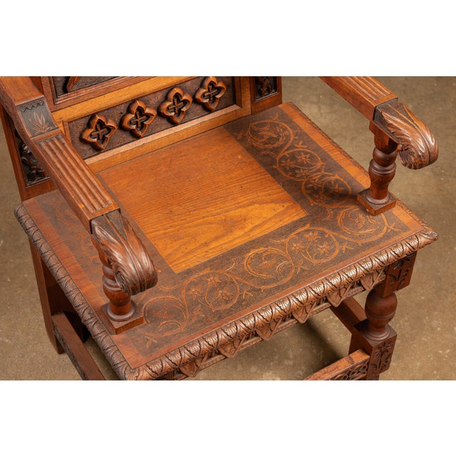 Wood Late 19th-Century Gothic Revival Carved Wood Wainscot Armchair For Sale - Image 7 of 12