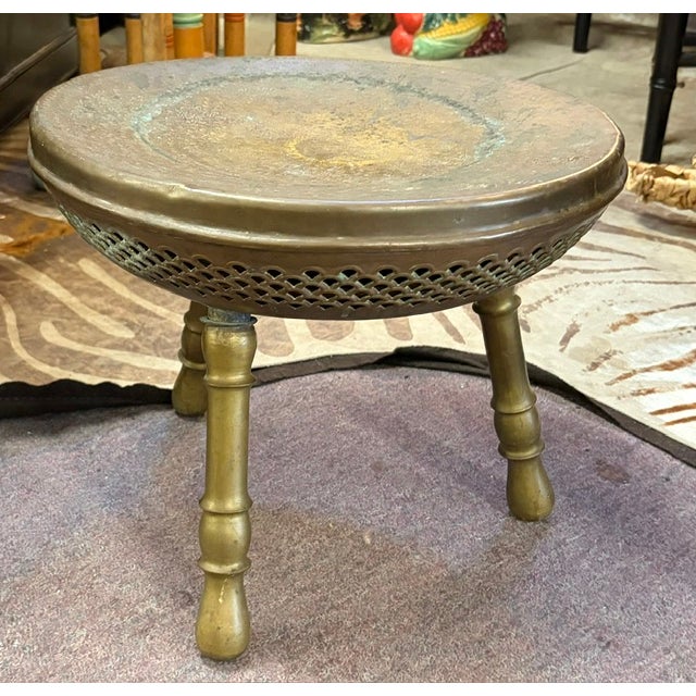 Mid-Century Modern Early Middle Eastern Etched and Pierced Brass Three Leg Trim Pod Footstool For Sale - Image 3 of 8