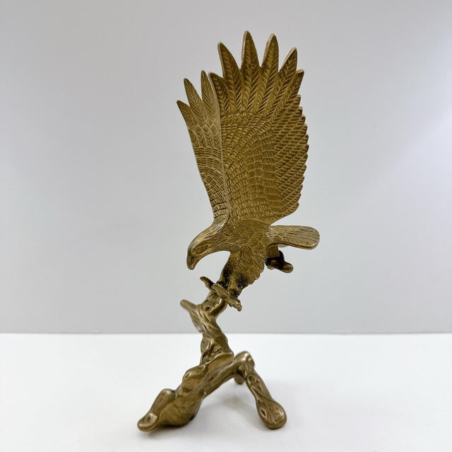 Hollywood Regency Vintage Brass Eagle Sculpture on Driftwood Base | Mid Century Bald Eagle Figurine | Hollywood Regency Bird Statue | Wildlife Desk Decor For Sale - Image 3 of 9