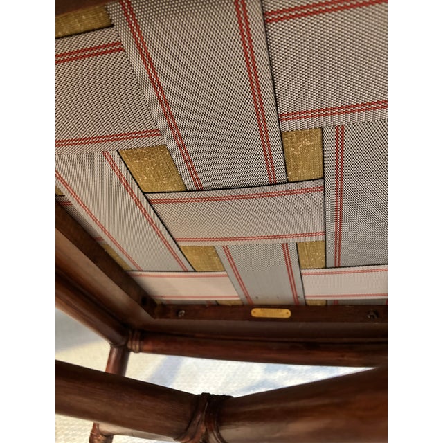 2 Professionally Refurbished McGuire Target Back Rattan Lounge Chairs With Ottoman. Upholstered in New Curated Green and Blue Vintage Fabric. For Sale - Image 9 of 12