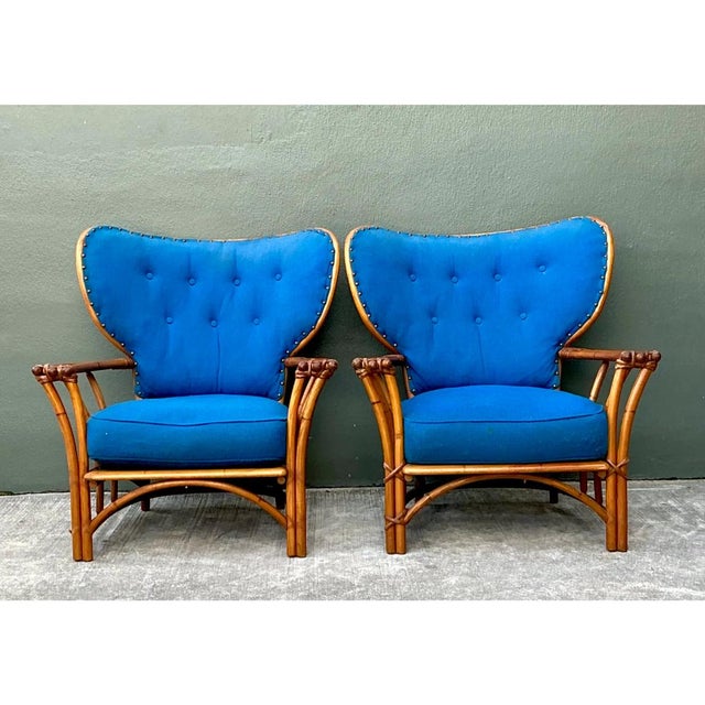 Camel Vintage Heywood Wakefield Rattan Lounge Chairs - Pair For Sale - Image 8 of 13