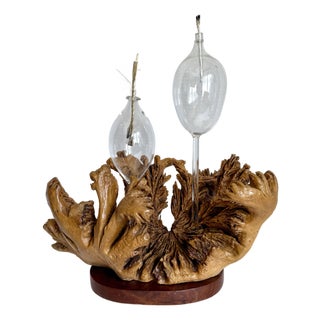 1970s Organic Modern Burl Wood Sculptural Double Oil Lamp Centerpiece For Sale