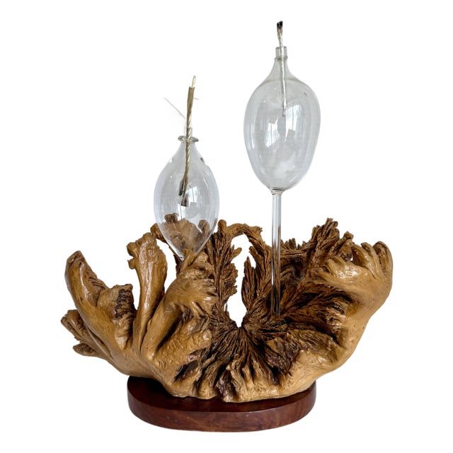 1970s Organic Modern Burl Wood Sculptural Double Oil Lamp Centerpiece For Sale