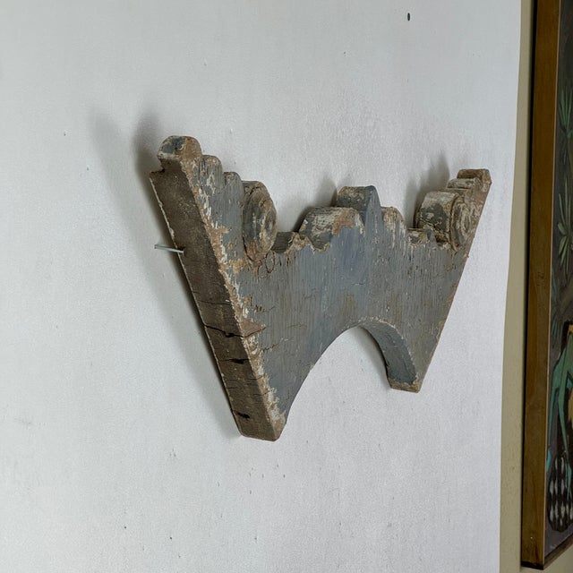 Early 20th Century Architectural Salvage Decorative Wood Valance Element in Blue Gray & Crescent Design For Sale - Image 4 of 12