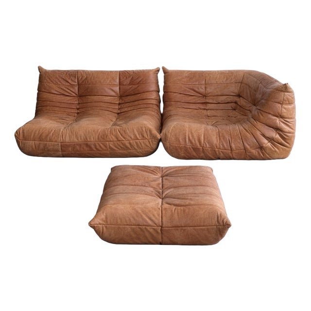 Cognac Togo Leather Set by Michel Ducaroy for Ligne Roset, 2010s, Set of 3 For Sale