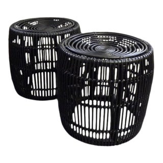 Pair of Vintage Mid Century Style Modern Wicker End Tables Ottomans For Sale
