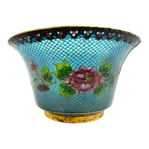 Vintage Mid 20th Century Chinese Cloisonné Decorative Bowl in Brilliant Sky Blue With Floral Motif