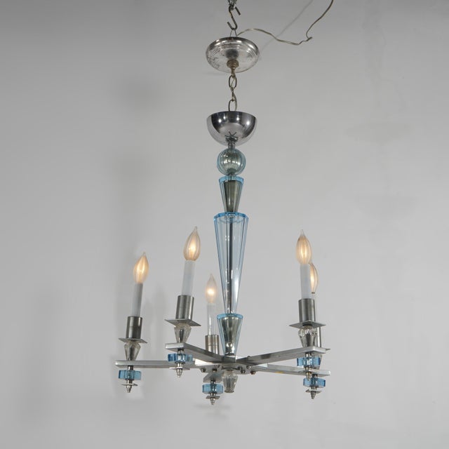 Art Deco Mid Century Modern Chrome & Aqua Blue Glass Five-Light Chandelier C1950 For Sale - Image 4 of 9