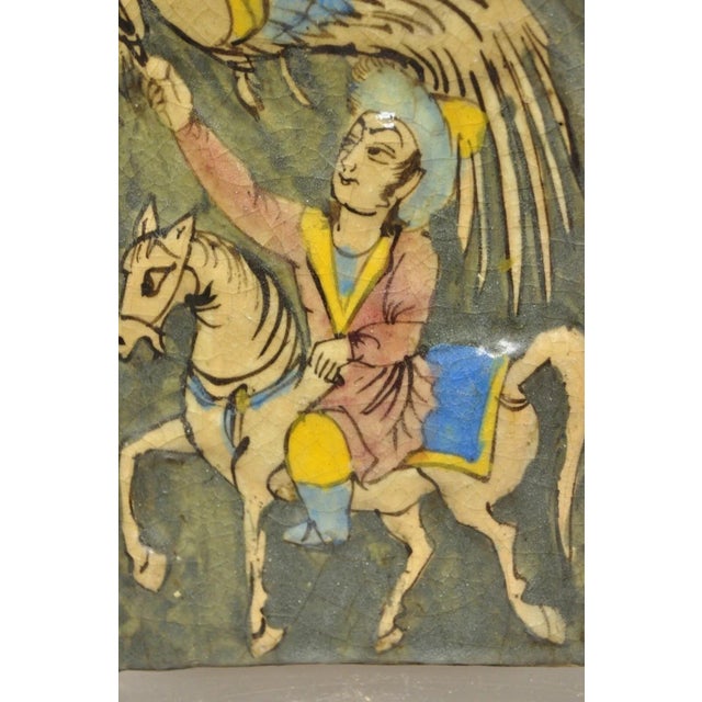 Antique Persian Iznik Qajar Style Ceramic Pottery Green Tile Phoenix Rider C4 B For Sale - Image 4 of 10