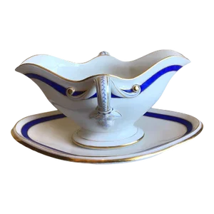 Antique Cfh Haviland Limoges Navy Blue Gold Monogrammed Gravy Boat Underplate
