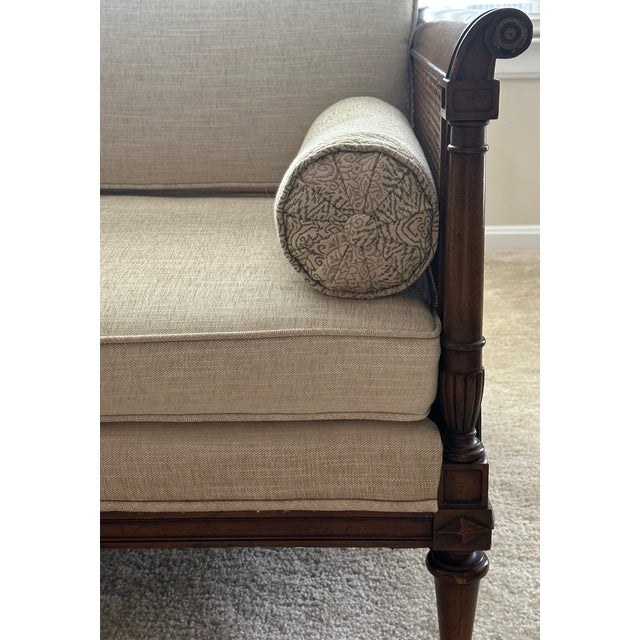 1960s Vintage Cane Settee | Professionally Upholstered Neutral Herringbone | Classic Transitional For Sale - Image 5 of 6