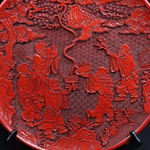 Late 20th Century Carved Cinnabar Lacquer Charger With Scholars and Pine Tree Scene For Sale In Los Angeles - Image 6 of 9
