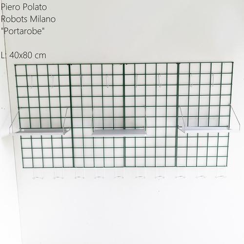 Modular bookcase in enamelled metal, designed by Piero Polato for Robots Milano. Each module consists of a metal grid with...