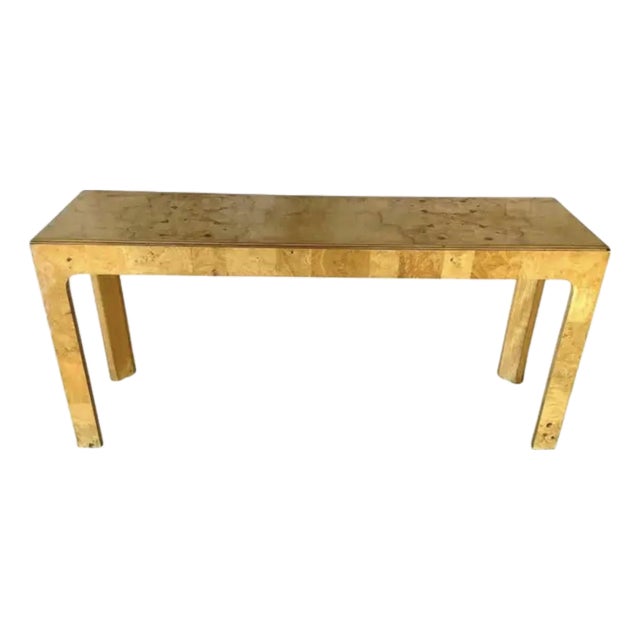 Vintage Henredon Scene Two Burled Olive Parsons Console Sofa Table For Sale