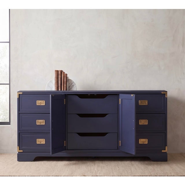 Campaign 1970s Professionally Refinished Young Solid Oak Campaign Dresser Credenza, Navy Blue, Brass Hardware For Sale - Image 3 of 11